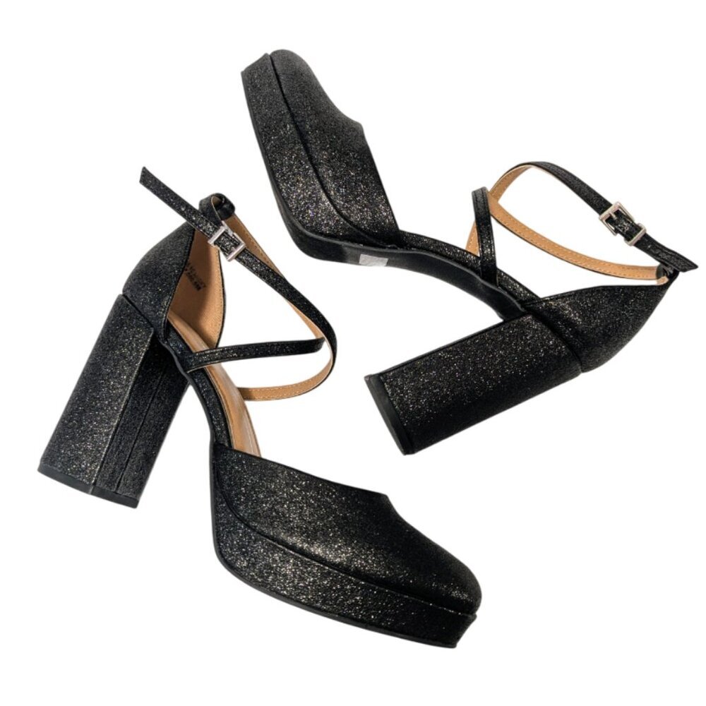 REPORT Sparkly Platform Strappy Heels 10 Black Y2K Bratz Dollz-Style Dressy Shoe